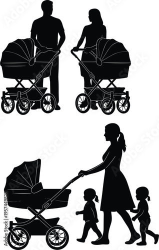 Black silhouette of parents with baby strollers, mother walking with toddlers and pram, father with carriage, family lifestyle icons on white