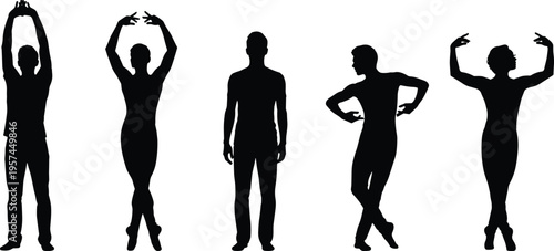 Vector silhouettes of male and female ballet dancers performing elegant poses and graceful dance movements isolated on white background, black