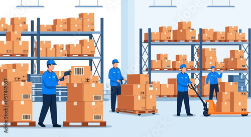 Warehouse workers loading boxes with pallet jack and scanner, logistics and delivery concept
