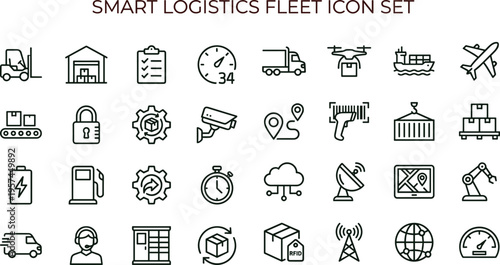 Smart logistics fleet outline icon set featuring transportation tracking automation warehouse interface symbols for supply chain applications