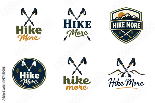 Outdoor adventure logos featuring hiking poles and nature elements