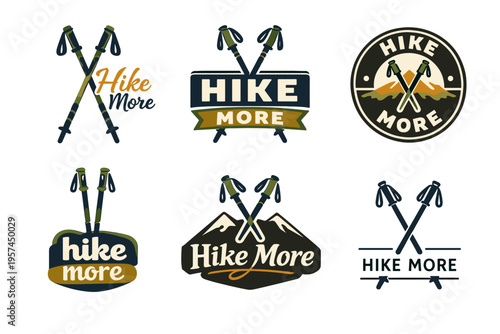 Outdoor hiking logos with trekking poles and mountain themes
