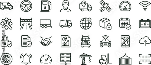 Fleet logistics monitoring outline icon set featuring vehicle tracking telematics infrastructure interface symbols for transport management systems