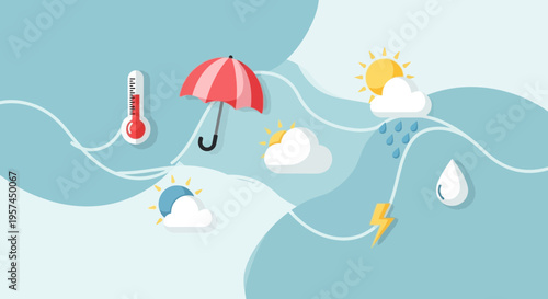 Weather forecast icons: sun, clouds, rain, lightning, thermometer, umbrella