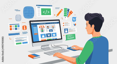Web designer creating e-commerce website on computer, modern web development concept