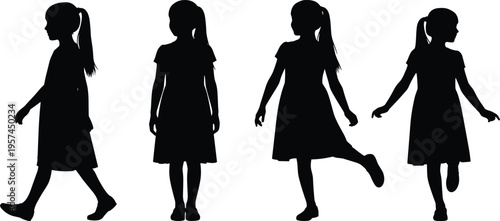 Set of black silhouettes showing young girl with ponytail in various poses including walking, standing, jumping, and playing on white background