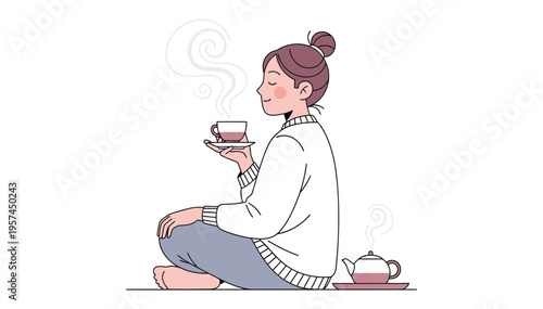 Woman sitting comfortably with a cup of tea and teapot beside her in a cozy relaxed atmosphere