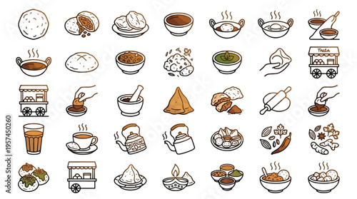 Indian Street Food Icon Set in Linear Style. Collection of culinary Linear Icons, Including samosa, chai, pani puri, street cart, kettle, snacks, rolling pin, and more. Editable stroke.