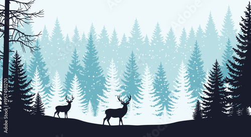 Winter Forest Scene with Deer Silhouette and Snowfall