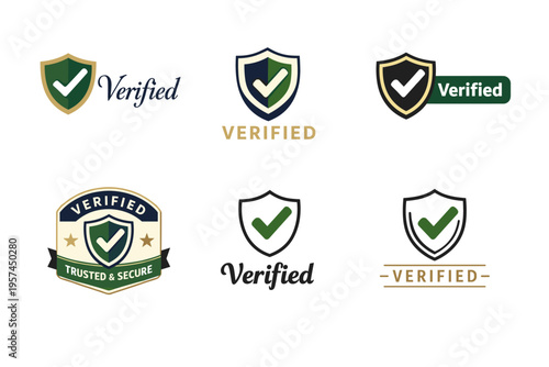 Various styles of verified checkmark shield logos in different colors and fonts