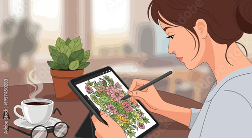 Woman Artist Drawing Flowers on Tablet in Cafe