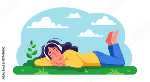 Woman Relaxing Outdoors Listening to Music with Headphones on Green Grass