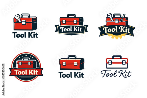 Collection of tool kit logos featuring red toolboxes in various designs