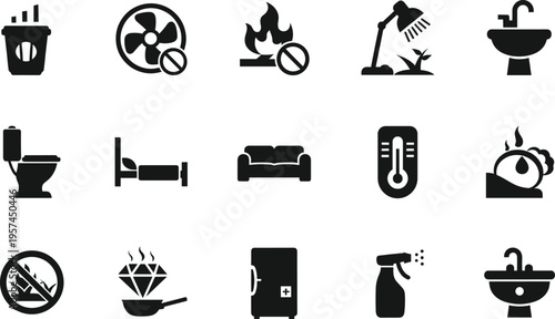 Set of household furniture and safety icons featuring bed sofa toilet sink refrigerator thermometer spray bottle fan and no fire warning symbols for home design