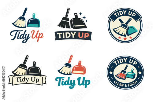 Tidy up cleaning logos collection with broom and dustpan design