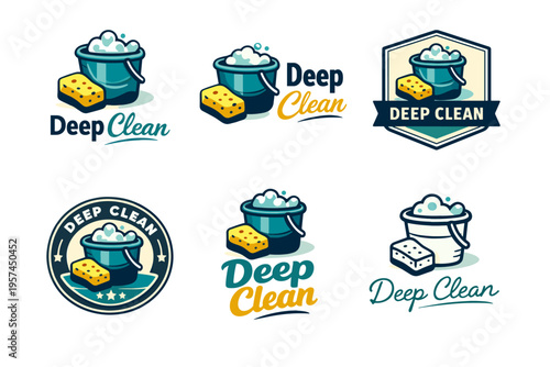 Collection of deep clean logos featuring bubbles, buckets, and sponges
