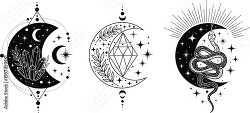 Set of mystical celestial moon illustrations featuring crystals snake and botanical leaves with stars for boho branding spiritual tattoos and magic themed designs