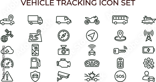 Vehicle tracking outline icon set featuring GPS navigation telematics monitoring logistics transport interface symbols for fleet management systems