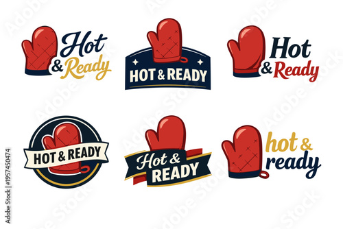 Set of red oven mitt logos with hot and ready text in various styles