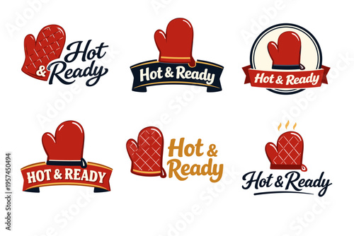 Collection of red oven mitt logos with hot and ready text designs