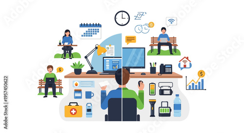 Hybrid Work Balance Concept: Remote & Office Productivity, Flexible Schedules, and Personal Well-being Icons