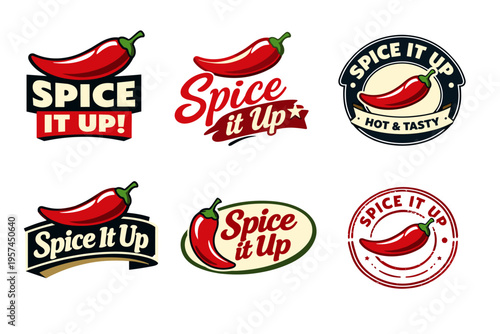 Spice it up logos set with red chili pepper designs and bold typography