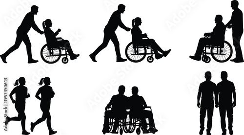 Set of silhouettes featuring people in wheelchairs being pushed by caregivers, friends jogging, and disabled individuals enjoying an active lifestyle together.