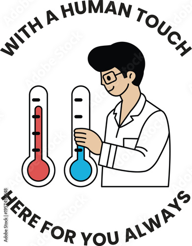 Cartoon scientist smiles while holding a thermometer