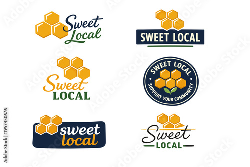 Sweet local honey logos with honeycomb designs and community support theme
