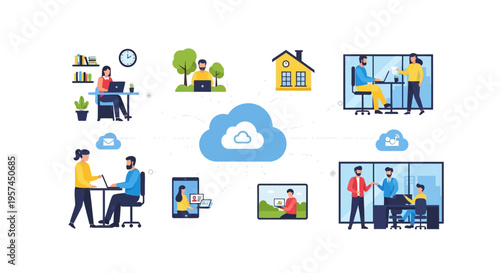 Cloud Computing and Remote Work Concept. Global Collaboration, Flexible Workforce Working from Home, Office, & Outdoors on Various Digital Devices.