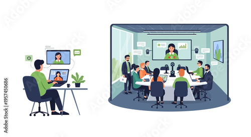 Hybrid Business Meeting & Remote Work: Team Collaborates via Video Conference from Office and Home Office Desks