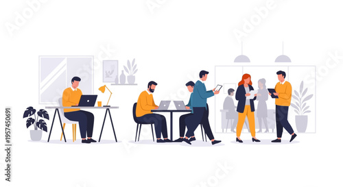 Modern Business Team Working in a Dynamic Collaborative Office Environment: Flat Vector Illustration of Professional Productivity and Teamwork