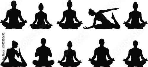 Set of yoga silhouettes featuring men and women in meditation poses, lotus positions, and stretching exercises for wellness and mindfulness.