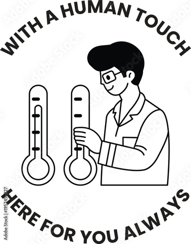 Cartoon scientist smiles while holding a thermometer