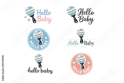 Hello baby logo designs with pastel blue and pink rattle themes