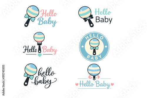 Colorful baby rattle logos with 'hello baby' text in pastel designs