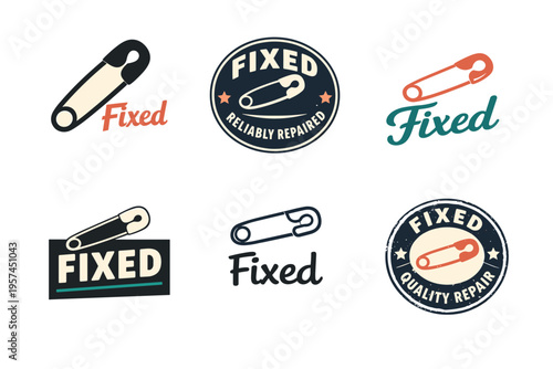 Retro safety pin repair logos in vintage design style