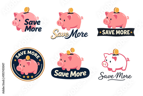 Piggy bank logos with save more text and coins