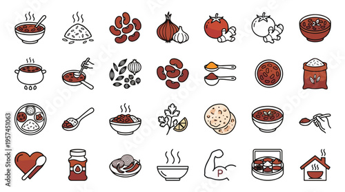 Rajma Chawal food icons set in linear style. A collection of linear icons including kidney beans, rice, curry bowl, spices, ginger, onion, garlic, lemon, roti, protein, and more. Vector.