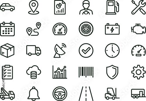 Fleet operations tracking outline icon set featuring vehicle monitoring logistics telematics interface symbols for transport management applications