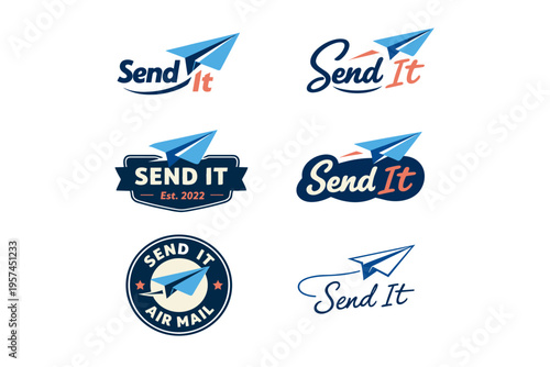 Collection of paper airplane logos with "send it" text in various styles