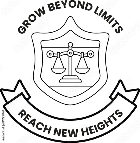 Black and white emblem shows scales on shield