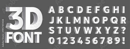 Vector illustration of full alphabet of 3d white letters and numbers from 0 to 9. Modern three dimensional extruded font isolated on grey background