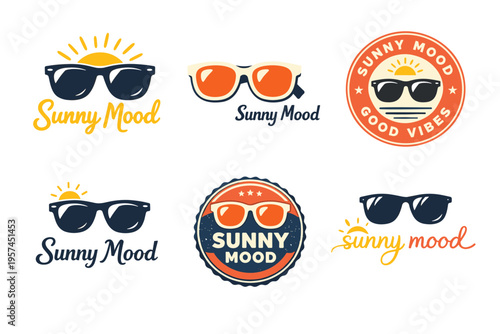 Set of retro style sunny mood logos with sunglasses and sunburst designs