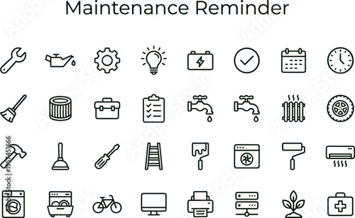 Maintenance reminder outline icon set featuring repair service inspection tools equipment interface symbols for facility and equipment management applications