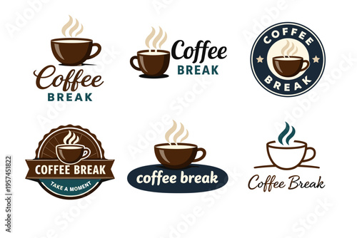 Variety of coffee break logos featuring steaming cups and text designs