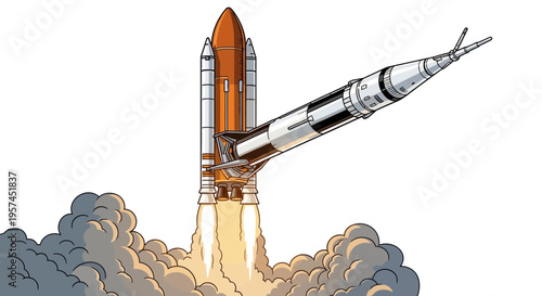 Cartoon rocket launching into space with smoke and flames isolated on white background