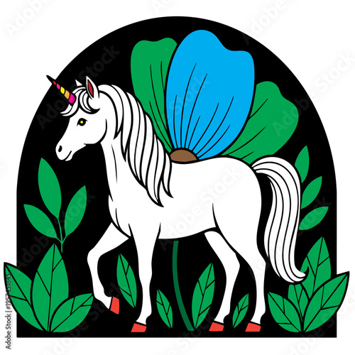 Mythical white unicorn with butterfly wings in floral arch