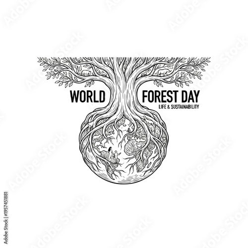 A detailed black and white vector graphic illustration symbolizing World Forest Day, showcasing a majestic tree with vast roots forming a spherical earth, intricately depicting diverse ecosystems, hum