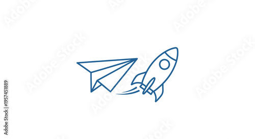Rocket ship and paper airplane flying together in blue outline